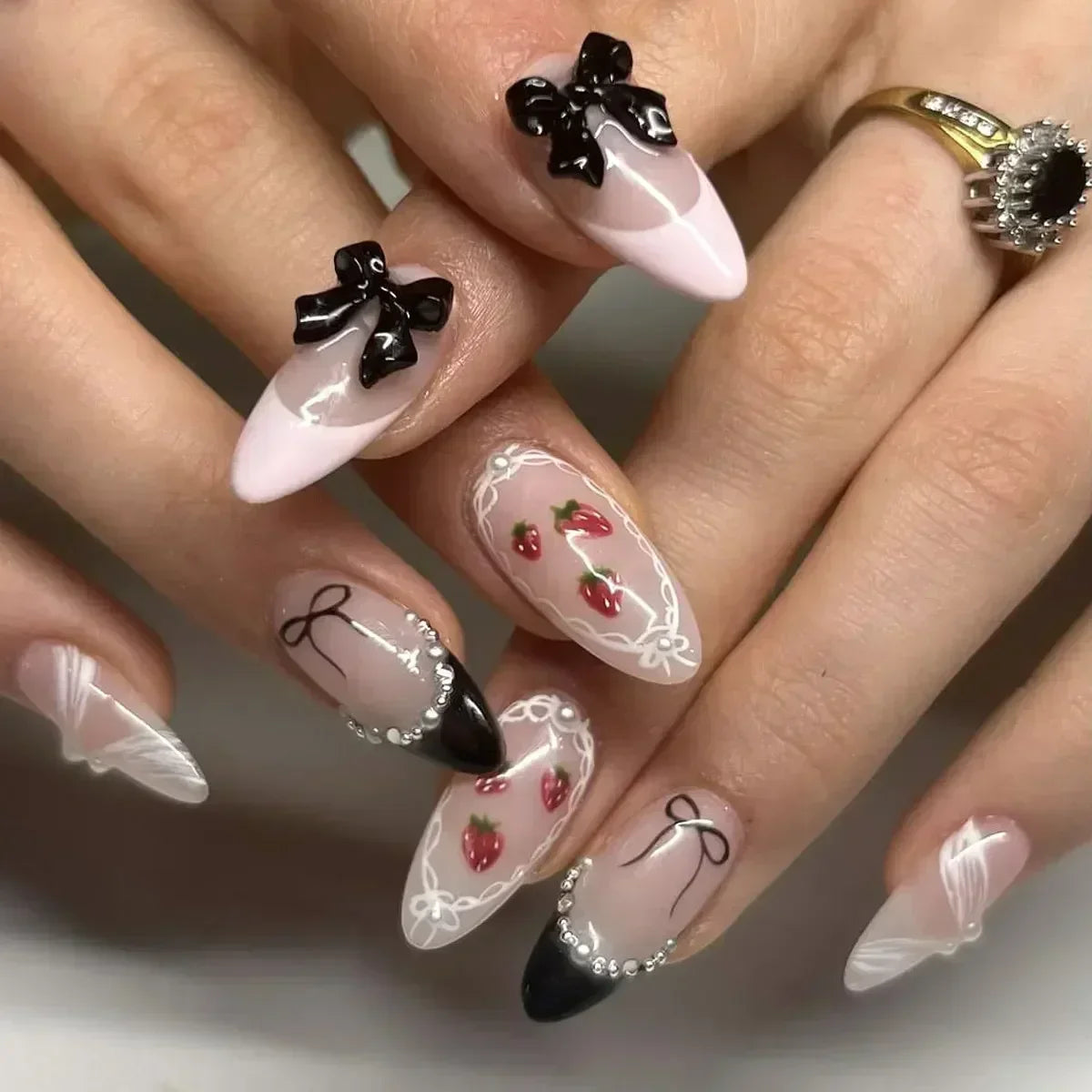π€ 24pcs Short Almond Press-On Nails β Black Bowknot & White Pearl French Tips