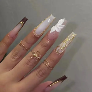 ✨ 24pcs Gold French Border Press-On Nails – Long Coffin Style with Rhinestones