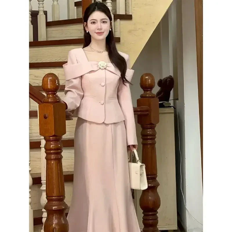 French Style Pink Tweed Two-Piece Set for Women