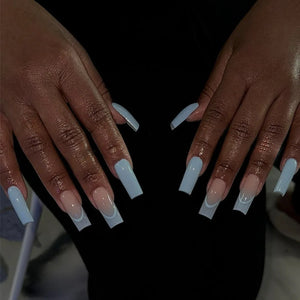 🐻 24pcs Extra Long Square Press-On Nails – 3D Bear & Bow with White French Tips