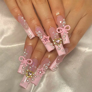 🐻 24pcs Extra Long Square Press-On Nails – 3D Bear & Bow with White French Tips
