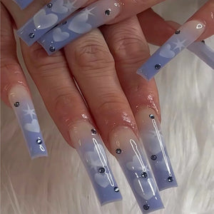 🐻 24pcs Extra Long Square Press-On Nails – 3D Bear & Bow with White French Tips
