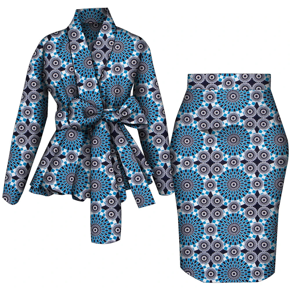 🌺 African Women Top & Skirt Set – Long Sleeve Ankara Print Suit (WY10871)