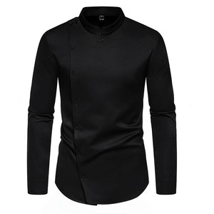 Men's Diagonal Placket Long-Sleeved Slim Fit Shirt with Multi-Button Decoration