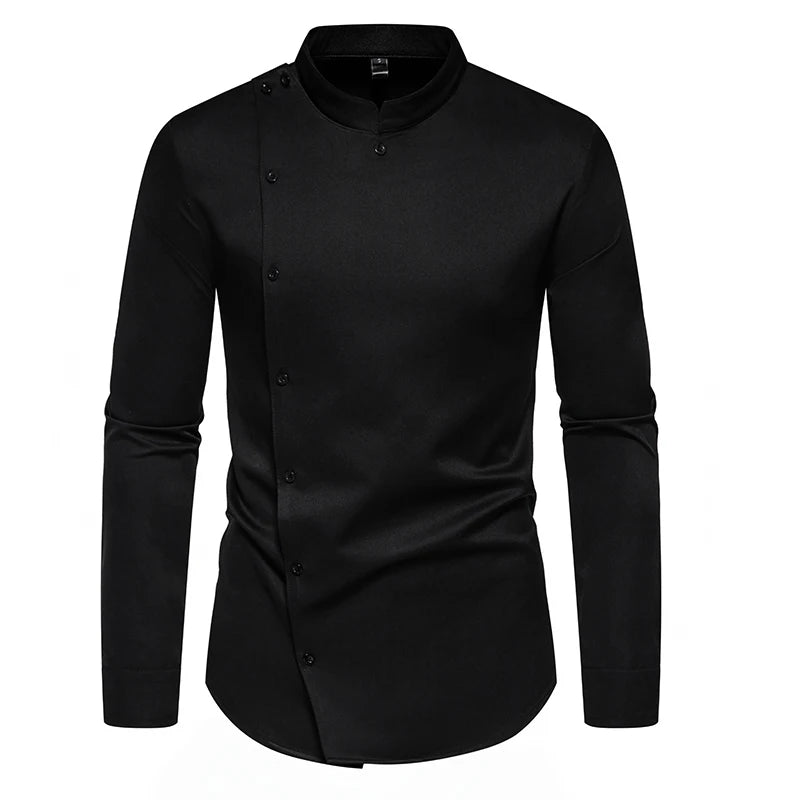 Men's Diagonal Placket Long-Sleeved Slim Fit Shirt with Multi-Button Decoration