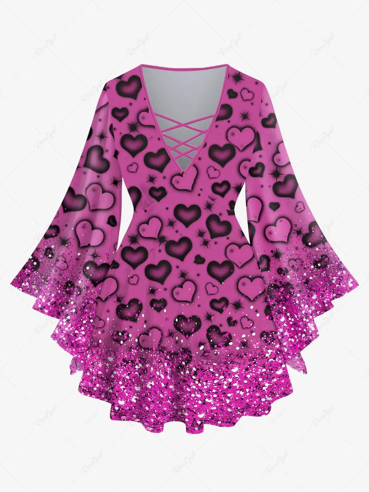 New Women's Heart Sparkling Sequin Glitter 3D Print Lattice Crisscross Flare Sleeve Top & Flare Pants Matching Set