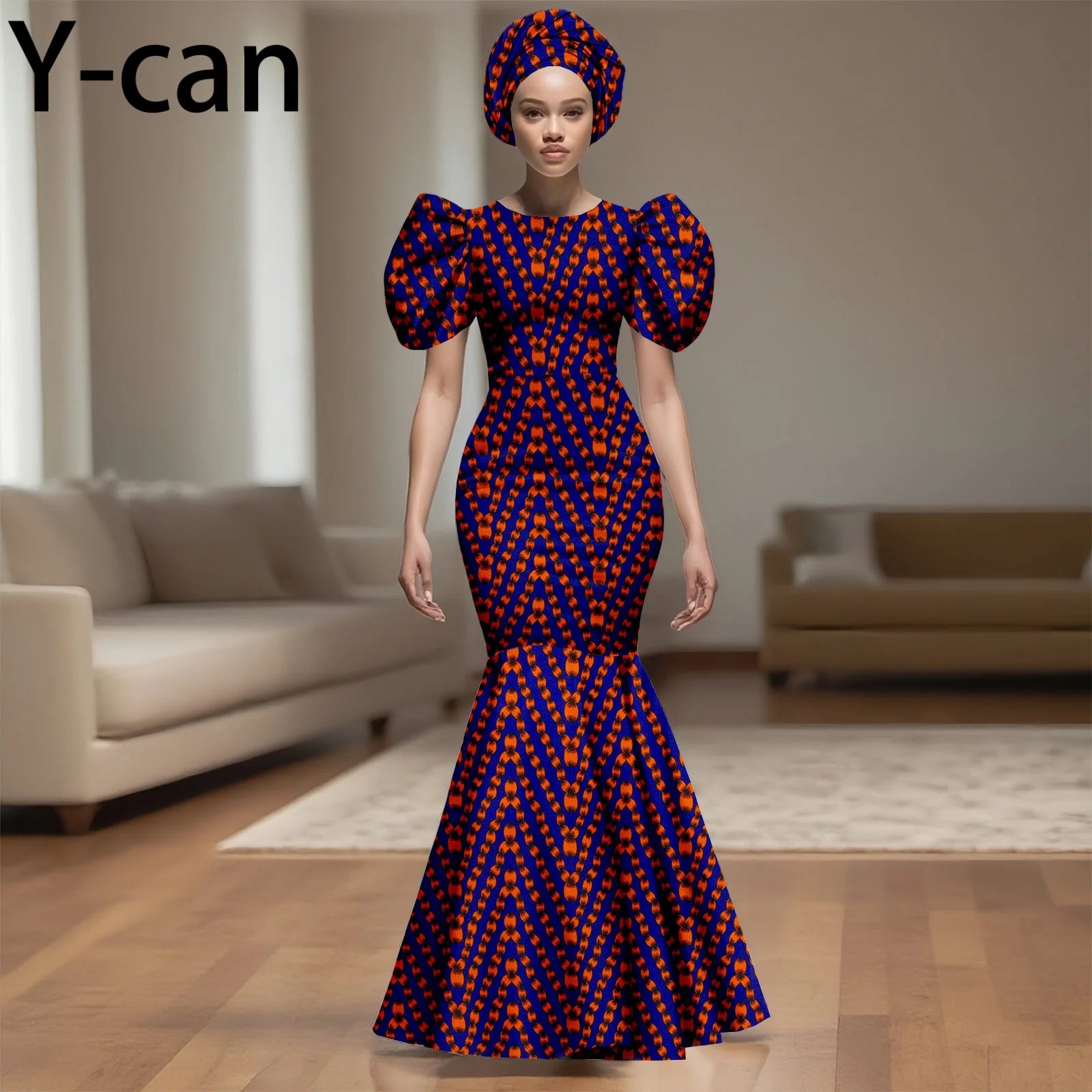 💃 African Party Dress for Women – Puff Sleeve Mermaid Dress with Headwrap (2525142)
