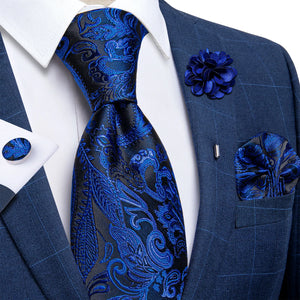 Blue Silver Paisley Neck Tie Set for Men