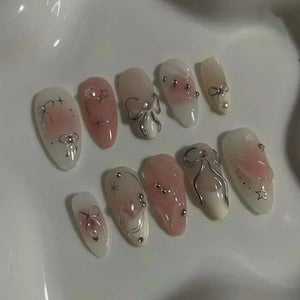 πΈ 24pcs Pink Almond Press-On Nails β Sweet Summer Floral with Pearls