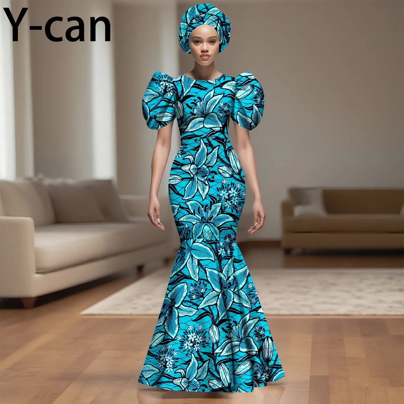 💃 African Party Dress for Women – Puff Sleeve Mermaid Dress with Headwrap (2525142)