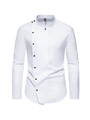 Men's Diagonal Placket Long-Sleeved Slim Fit Shirt with Multi-Button Decoration