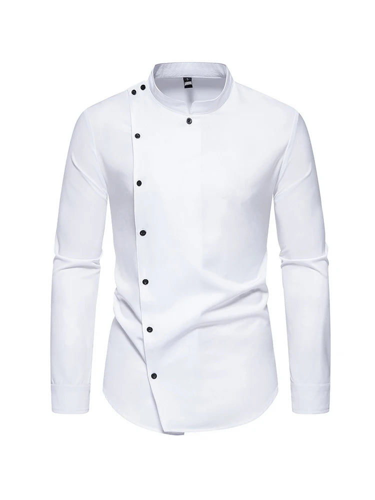 Men's Diagonal Placket Long-Sleeved Slim Fit Shirt with Multi-Button Decoration