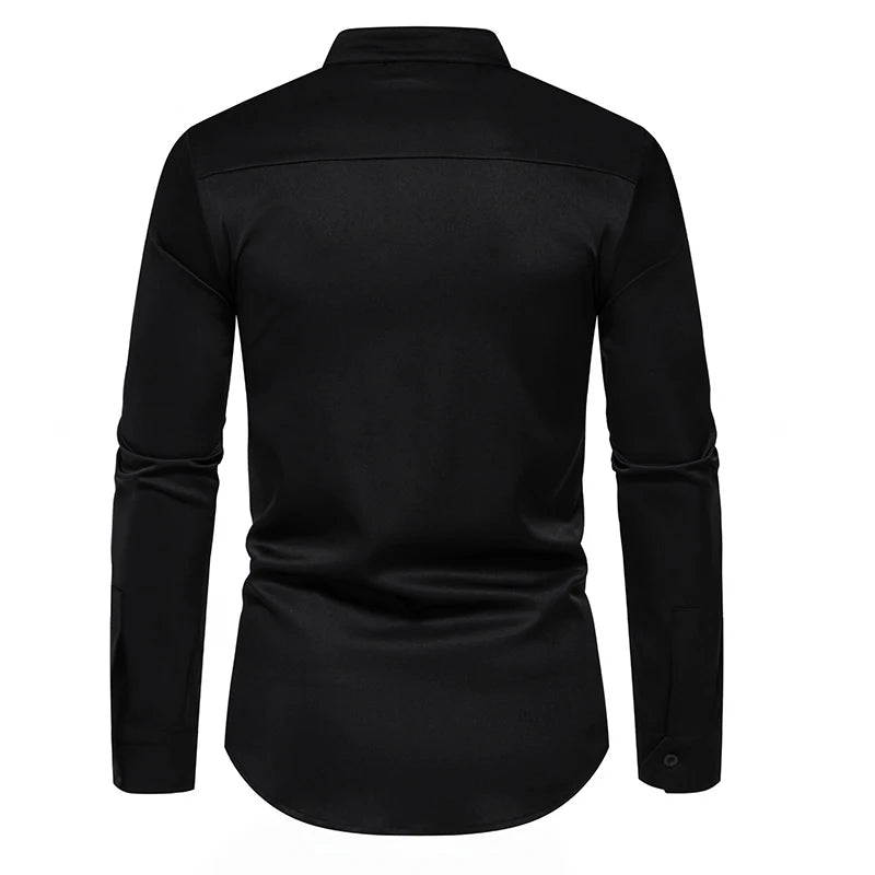 Men's Diagonal Placket Long-Sleeved Slim Fit Shirt with Multi-Button Decoration