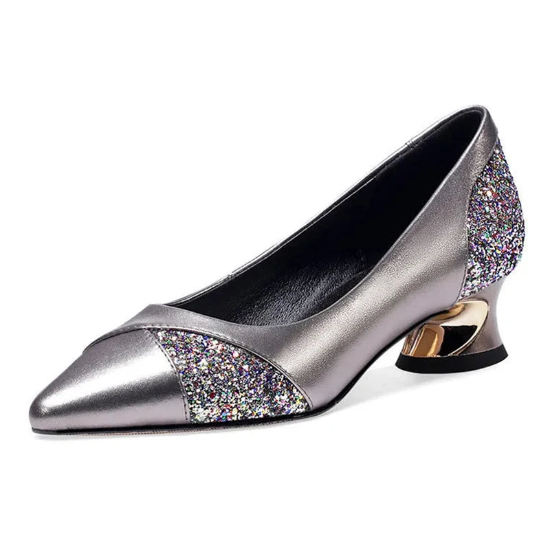 Elegant PU Leather Low-Heel Shoes with Rhinestone Detail