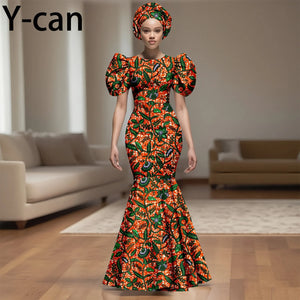💃 African Party Dress for Women – Puff Sleeve Mermaid Dress with Headwrap (2525142)