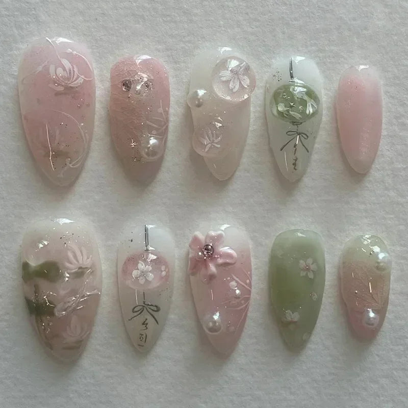 πΈ 24pcs Pink Almond Press-On Nails β Sweet Summer Floral with Pearls