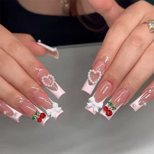 🐻 24pcs Extra Long Square Press-On Nails – 3D Bear & Bow with White French Tips