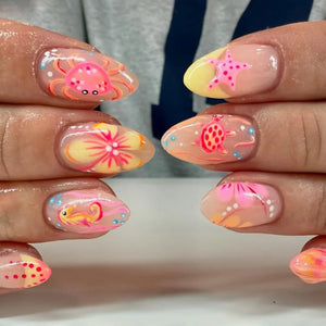 π 24pcs Cute Ocean Creature Press-On Nails β Yellow French Tip with Floral Fun