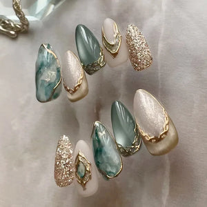 🍃 24pcs 3D Green Ripple Cat’s Eye Press-On Nails – French Almond Style with Leaf Design