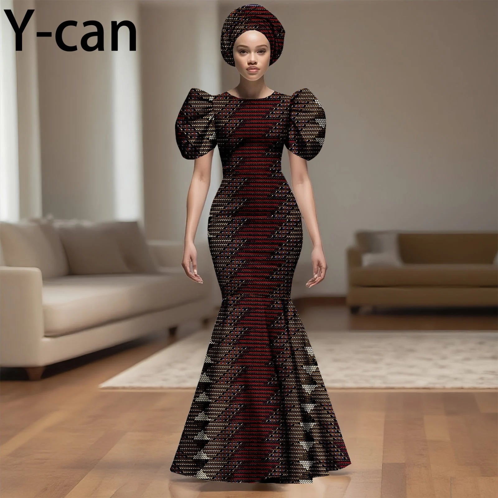 💃 African Party Dress for Women – Puff Sleeve Mermaid Dress with Headwrap (2525142)