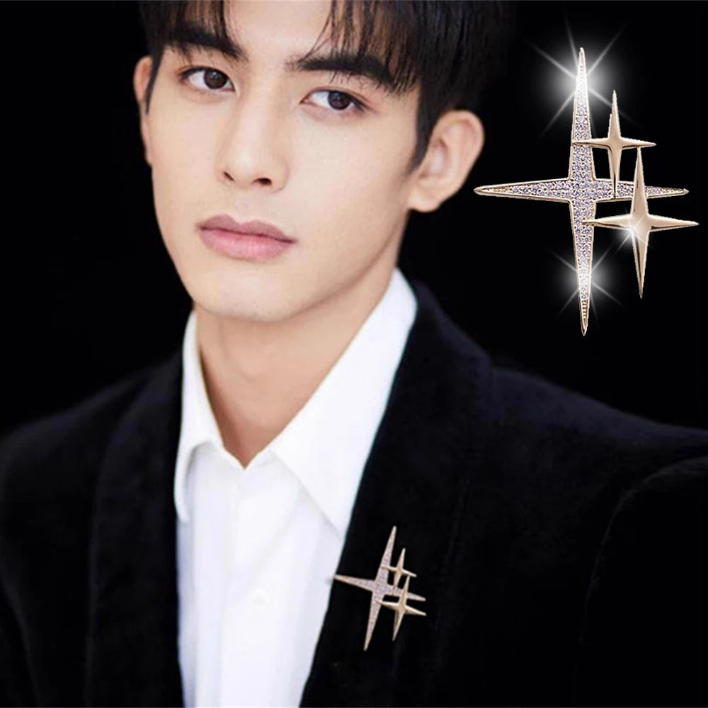 Exquisite Rhinestone Cross Star Shape Brooch – Shiny Metal Lapel Pin for Women & Men