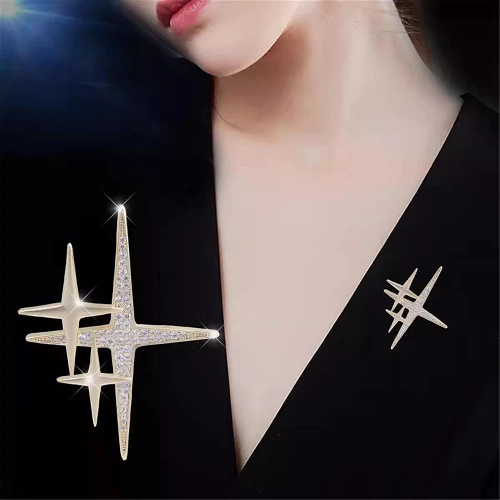 Exquisite Rhinestone Cross Star Shape Brooch – Shiny Metal Lapel Pin for Women & Men