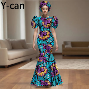 💃 African Party Dress for Women – Puff Sleeve Mermaid Dress with Headwrap (2525142)
