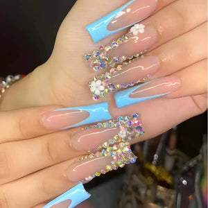 ✨ 24pcs Gold French Border Press-On Nails – Long Coffin Style with Rhinestones