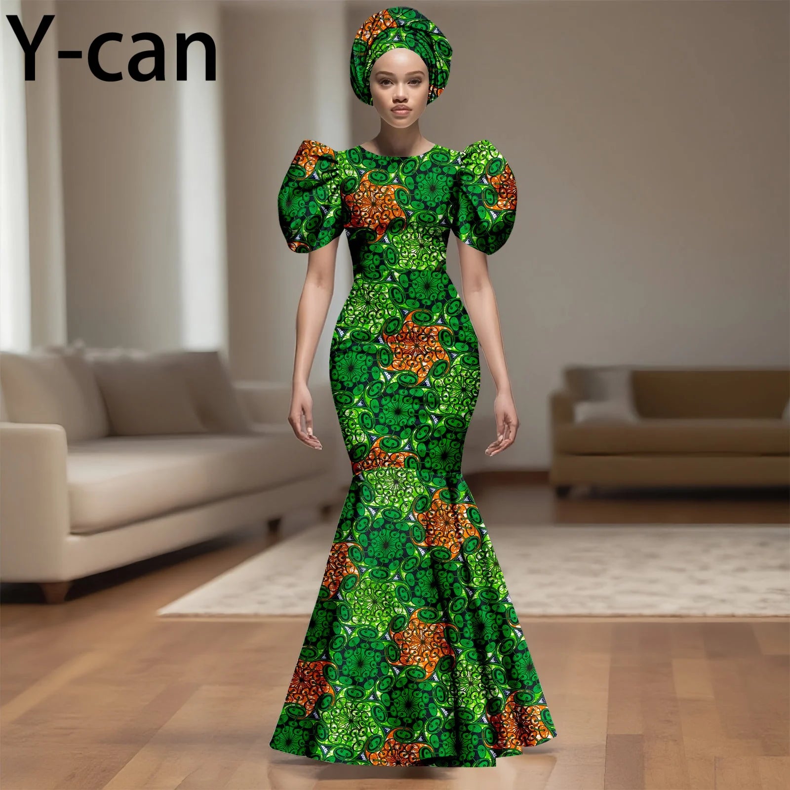💃 African Party Dress for Women – Puff Sleeve Mermaid Dress with Headwrap (2525142)