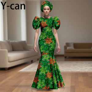 💃 African Party Dress for Women – Puff Sleeve Mermaid Dress with Headwrap (2525142)