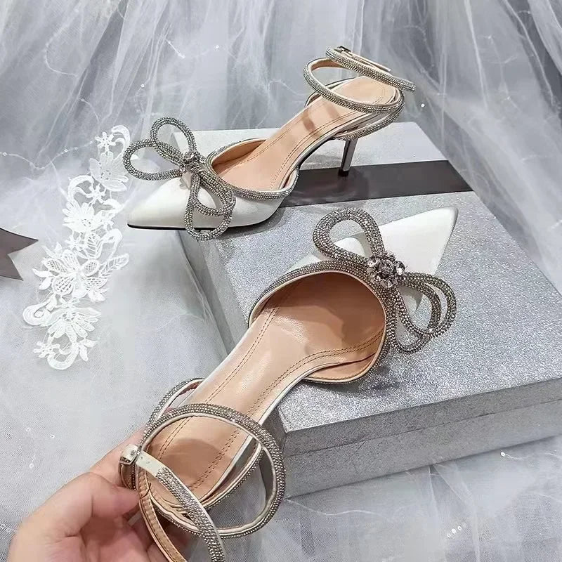 Glitter Rhinestone Crystal Bowknot Satin Pumps