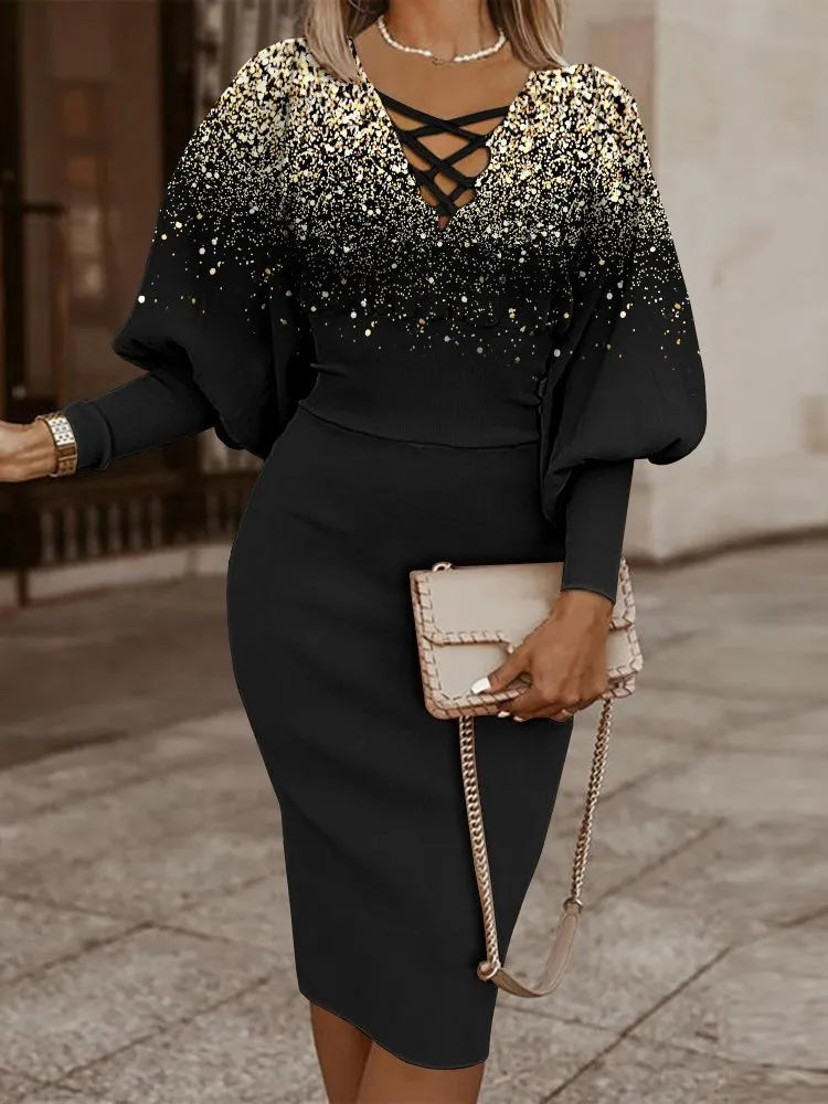 Elegant Long-Sleeved V-Neck Waist Dress for Women