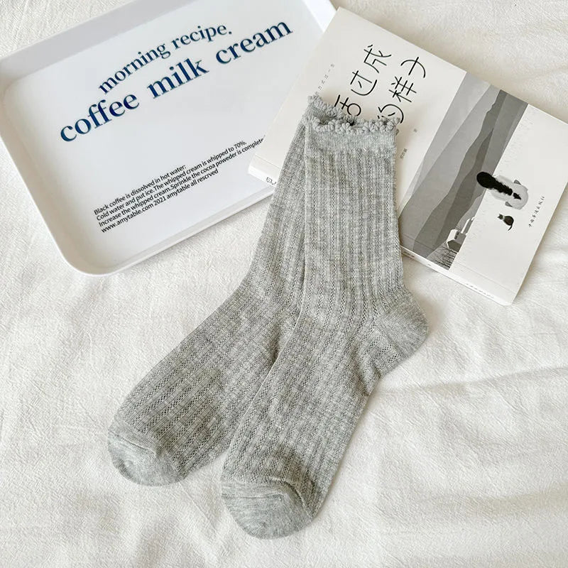 🧦 Women’s Summer Hollow Mesh Tube Socks – “Ear Fungus” Edge Pile Socks