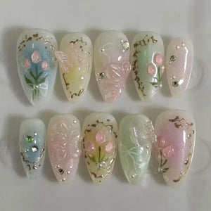 🌿 24pcs Flora Almond Press-On Nails – Mori Girl Ballet-Inspired Beauty
