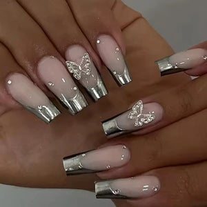 ✨ 24pcs Gold French Border Press-On Nails – Long Coffin Style with Rhinestones