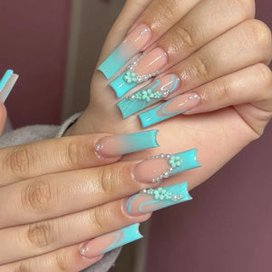 ✨ 24pcs Gold French Border Press-On Nails – Long Coffin Style with Rhinestones