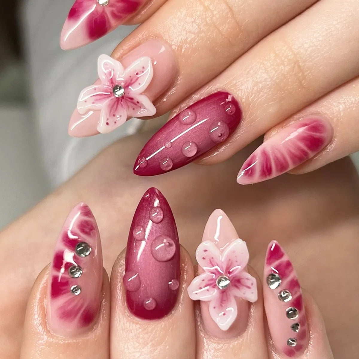 π 24PCS Summer Colorful Press-On Nails β Almond Shape with 3D Flowers & Beach Art