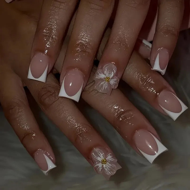 πΈ 24pcs Short Square French Press-On Nails β 3D Embossed Flowers