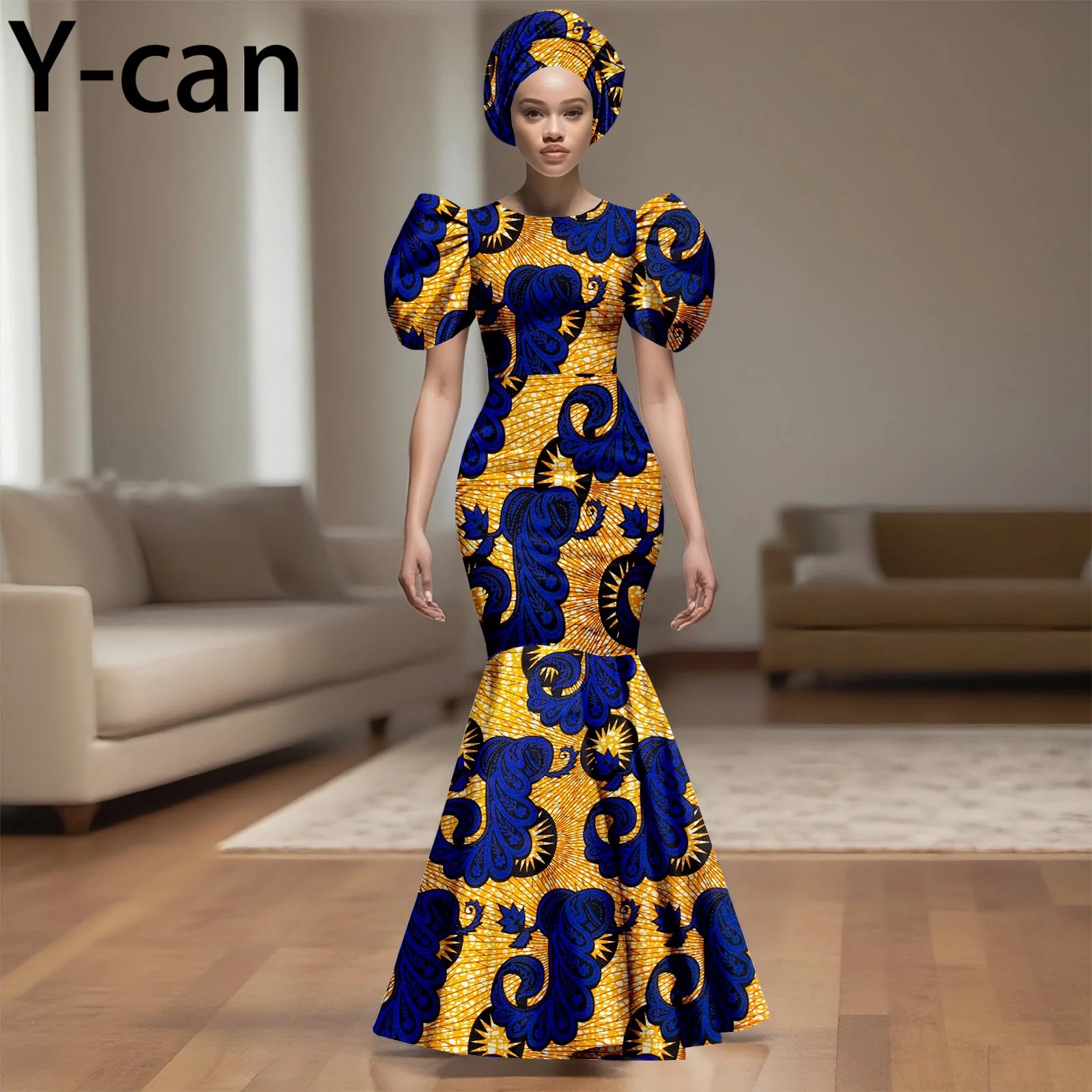 💃 African Party Dress for Women – Puff Sleeve Mermaid Dress with Headwrap (2525142)