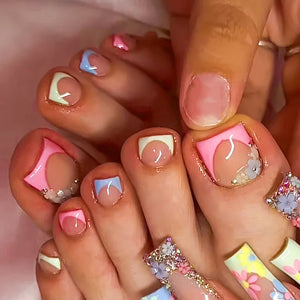 🦋 24pcs Butterfly Design Press-On Toe Nails – Short French Style with Rhinestones