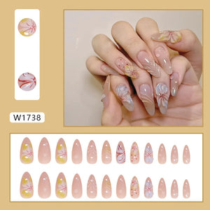 ๐ผ 24pcs White Flower Press-On Nails โ INS Yellow & Pink Blush Tones