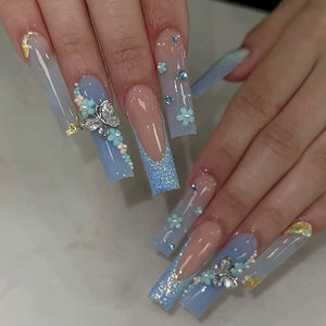 🐻 24pcs Extra Long Square Press-On Nails – 3D Bear & Bow with White French Tips