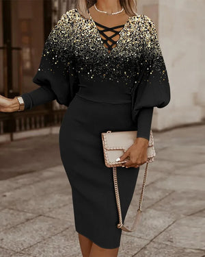 Elegant Long-Sleeved V-Neck Waist Dress for Women