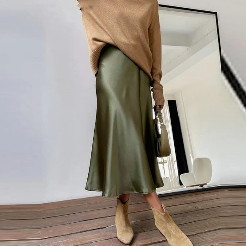 🌿 TRAF Women’s Satin High-Waist Long Skirt