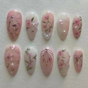 πΈ 24pcs Pink Almond Press-On Nails β Sweet Summer Floral with Pearls