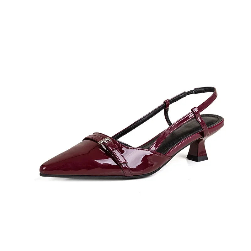 New Summer French Wine Red Patent Leather Mid-Heel Sandals