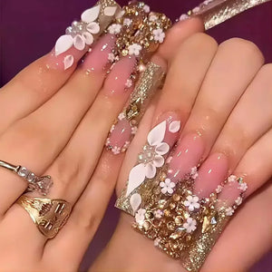 ✨ 24pcs Gold French Border Press-On Nails – Long Coffin Style with Rhinestones