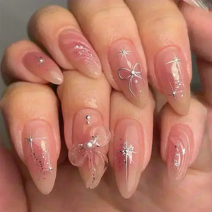 πΈ 24pcs Pink Almond Press-On Nails β Sweet Summer Floral with Pearls