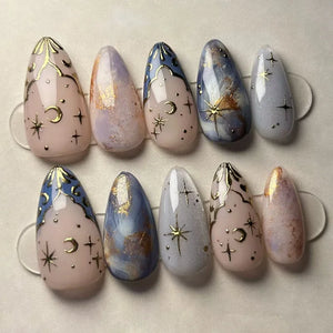 🍃 24pcs 3D Green Ripple Cat’s Eye Press-On Nails – French Almond Style with Leaf Design
