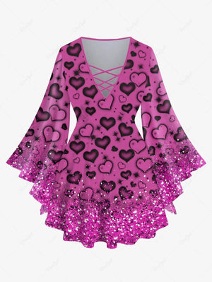 New Women's Heart Sparkling Sequin Glitter 3D Print Lattice Crisscross Flare Sleeve Top & Flare Pants Matching Set